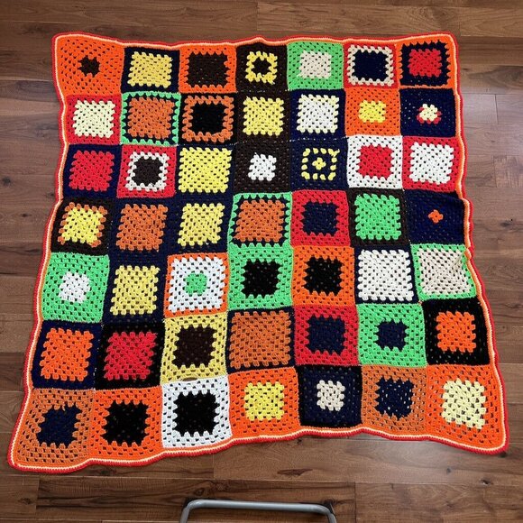 Vtg Crocheted Roseanne Granny Square Afghan Throw 63 x 59 Bold Colors - Picture 1 of 10